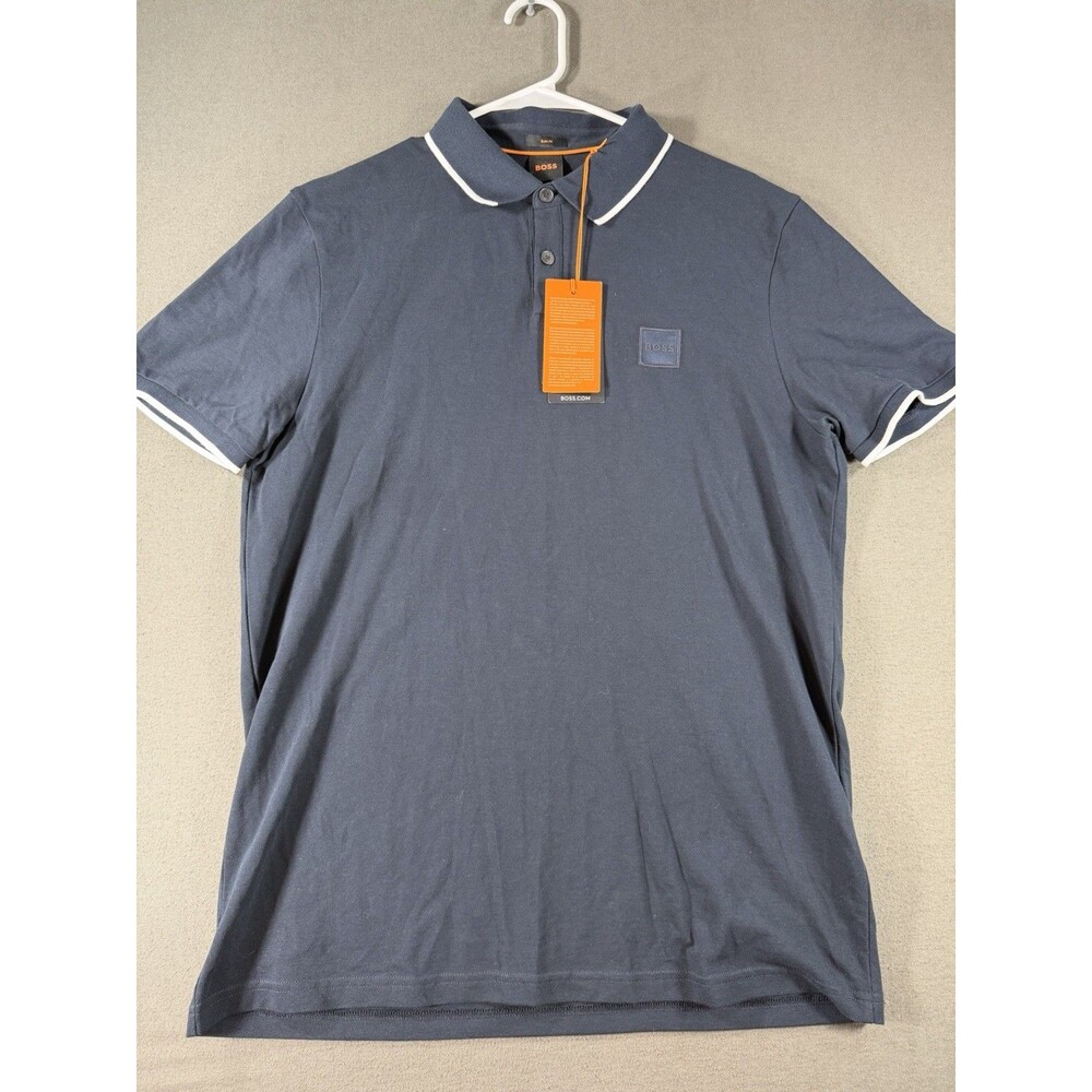 Hugo Boss Polo Shirt Mens XL Blue Passertip Core Slim Fit Preppy Casual New